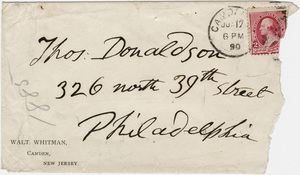 Walt Whitman envelope to Thomas Donaldson, 1890 June 17
