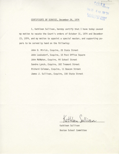 Certificate of Service from Kathleen Sullivan, 1974 December 26