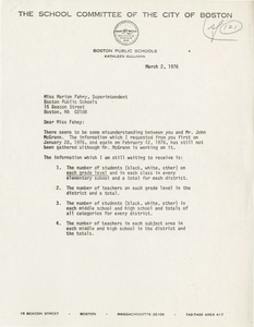 Letter from Kathleen Sullivan, Boston School Committee member, to Marion J. Fahey, Superintendent of Boston Public Schools, 1976 March 2