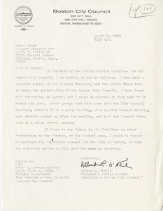 Letter from Albert O'Neil, Boston City Councilor, to Maceo Dixon, Project Director for April 24 Coalition, 1976 April 19