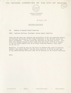 Two memoranda from Kathleen Sullivan, President of the Boston School Committee, to other members of the Boston School Committee, 1977 August 30