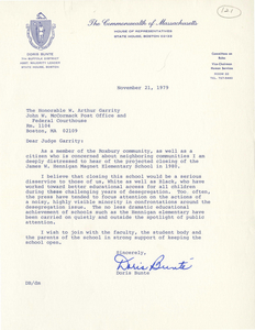 Letter from Doris Bunte, Massachusetts State Representative, to Judge W. Arthur Garrity, 1979 November 21