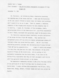 Floor Statement - The Airline Pilots Association and Korean Airliner Flight 007