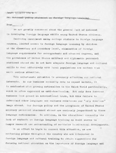 Draft letter from Paul E. Tsongas re. foreign language training