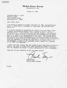 Letter to Robert Byrd from Paul Tsongas expressing concern over H.R. 5851 designating the Cache la Poudre River in Colorado for study under the Wild and Scenic Rivers Act