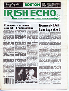 Front page of Irish Echo Newspaper, Volume VII, number 44, with headline “Hearings open on Kennedy visa a bill – Flynn makes plea”