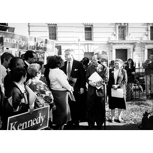 Senator Ted Kennedy with a group of supporters outside during his re-election campaign.