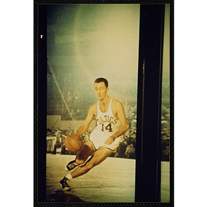 A photograph of an image of the Boston Celtics' Bob Cousy at the New England Sports Museum
