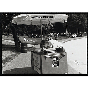 A >teenage boy runs an ice juice cart on Boston Common