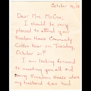 Letter from Mary Bottomly to Hazel McCree about Freedom House Coffee Hour