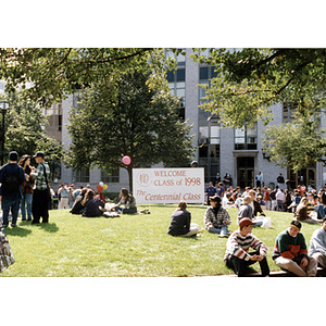 Sign in Krentzman Quadrangle welcoming the centennial Class of 1998