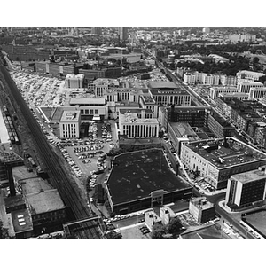 Aerial view of Northeastern's main campus on Huntington Avenue