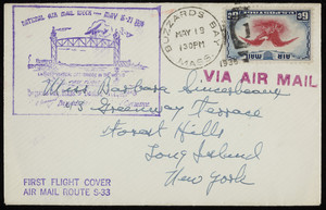 First Flight Cover, Air Mail Route S-33, Buzzards Bay to Boston, Mass., May 19, 1938.