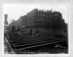 Steelwork in Haymarket Square, sec.10, looking southerly, Boston, Mass.