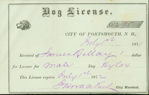 Dog license issued to James R. May for dog Hylax, Portsmouth, N.H.