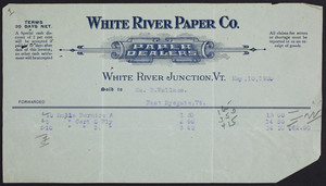 Billhead for the White River Paper Company, paper dealers, White River Junction, Vermont, dated May 10, 1920