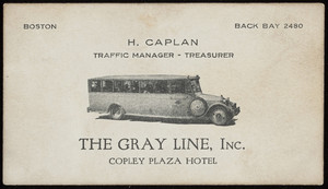 Business card for H. Caplan, The Gray Line, Inc., Copley Plaza Hotel, Boston, Mass., undated
