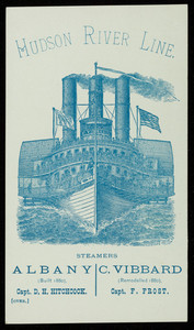 Trade card for the Hudson River Day Line, steamers, Desbrosses Street Pier, New York, New York, 1880