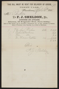 Billhead for F.J. Sheldon, Dr., auctioneer and appraiser, 127 Westminster Street, Providence, Rhode Island, dated April 6, 1889