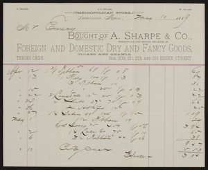 Billhead for A. Sharpe & Co., foreign and domestic dry and fancy goods, Nos. 209, 211, 213 and 215 Essex Street, Lawrence, Mass., dated May 10, 1889
