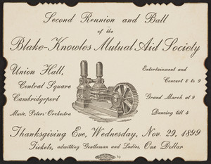 Invitation for the second reunion and ball, Blake-Knowles Mutual Aid Society, Union Hall, Central Square, Cambridgeport, Mass., November 29, 1899