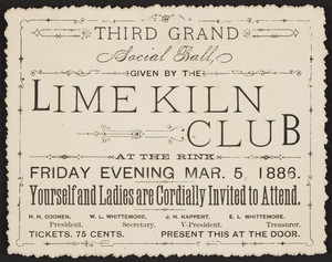 Invitation for the third grand social ball, Lime Kiln Club, location unknown, March 5, 1886