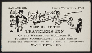 Trade card for the Travelers Inn, H. Ousterhout, Watertown-Woodbury Road, Watertown, Connecticut, undated