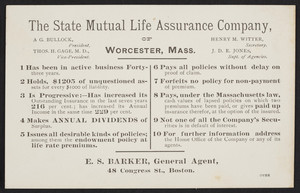 Trade card for The State Mutual Life Assurance Company of Worcester, Mass., 1888