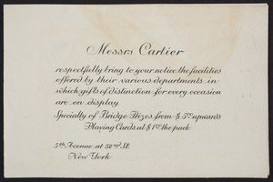 Brochure for Cartier, jewelry, 5th Avenue at 52nd Street, New York, New York, undated