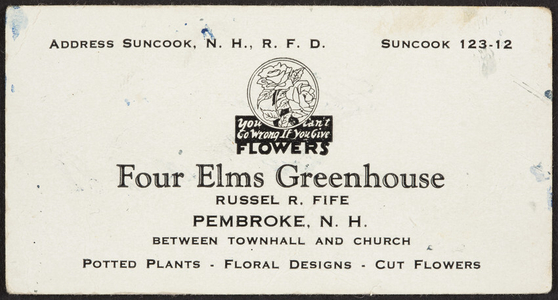 Trade card for Four Elms Greenhouse, Russel R. Fife, Pembroke, New Hampshire, undated
