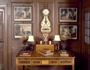 View of South Gallery showing table and clock, Beauport, Sleeper-McCann House, Gloucester, Mass.