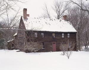 Exterior view of front facade in snow, Coffin House, Newbury, Mass.