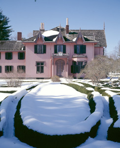 View of south facade in snow, Roseland Cottage, Woodstock, Conn.