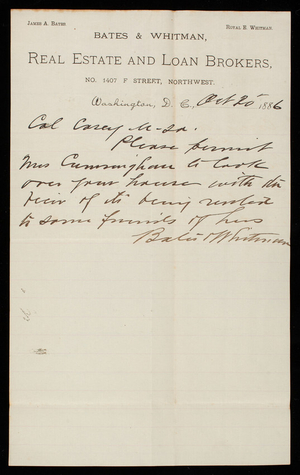 Bates & Whitman to Thomas Lincoln Casey, October 20, 1886