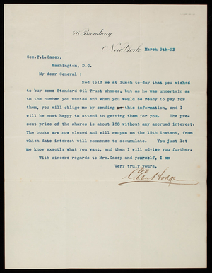 [Charles] E. M. Hodge to Thomas Lincoln Casey, March 9, 1893