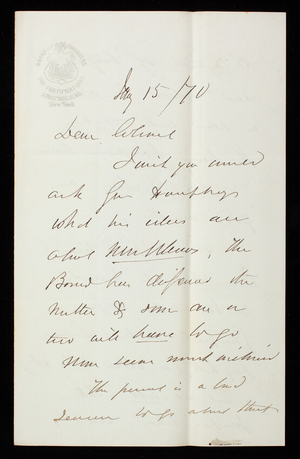 [John G.] Barnard to Thomas Lincoln Casey, January 15, 1870