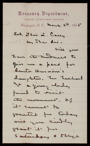 Alexander to Thomas Lincoln Casey, March 6, 1885