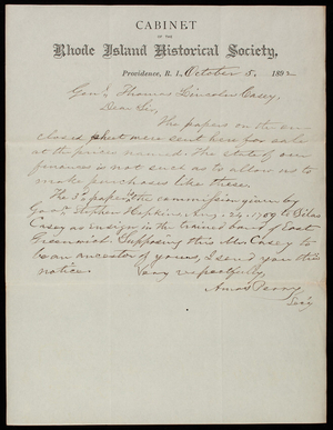 Amos Perry to Thomas Lincoln Casey, October 5, 1892