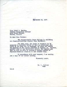 Letter from Massachusetts State College to War Relocation Authority