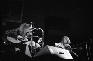 Jethro Tull in concert at the Springfield Civic Center: Ian Anderson and Martin Barre (l. to r.), seated with guitars