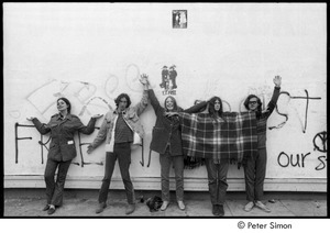 Five friends posed in front of graffiti covered wall: Verandah Porche (far left)