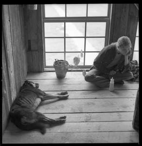 Commune dog sleeping on the floor near a woman commune member, Brotherhood of the Spirit dormitory, Warwick, Mass.