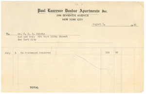 Invoice for rent on W. E. B. Du Bois's apartment