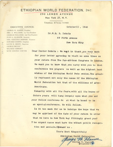 Letter from Ethiopian World Federation, Inc. to W. E. B. Du Bois