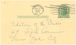 Postcard from Mary De Bardeleben to the editor of the Crisis