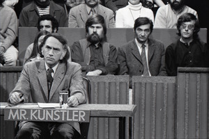 Taping 'The Advocates' television show on WGBH: William Kunstler, with Howard Zinn (second from right) and Rennie Davis in studio audience