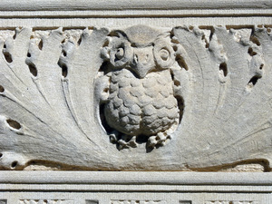 Dickinson Memorial Library: detail of owl carved in frieze