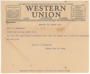 Telegram from Harold D. Langland to Clara M. Langland