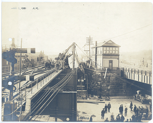 Forest Hills wreck, view from tracks of car hanging from tracks