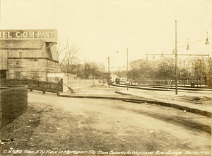 General easterly view in Mattapan Station from busway to Neponset River Bridge